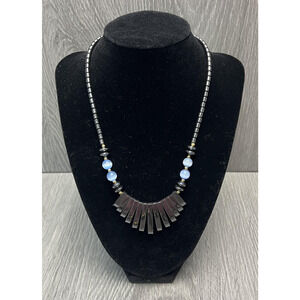Hematite Fan Bib Necklace Blue Cat's Eye Beads Barrel Screw Clasp Beaded Collar